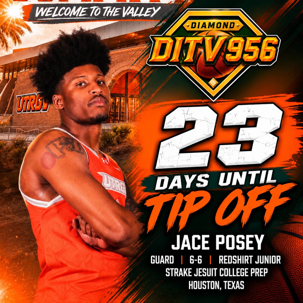diamondditv's tweet photo. π 23 DAYS UNTIL TIPOFF!
WELCOME TO THE VALLEY! π
Jace Posey
π 6β6β | Guard | Redshirt Junior
π Houston, TX
π Strake Jesuit College Prep
UTRGV basketball returns November 2! π₯
#UTRGV #DITV956 https://t.co/9xFUGRQotB