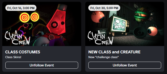 CleanCrewRoblox's tweet photo. Here at the Clean Crew, we got announcements and release dates!

CLASS COSTUMES drops on October 16th.
And a new CHALLENGE CLASS arrives on October 30th
#cleancrew #roblox https://t.co/5Jr6S0sx0A