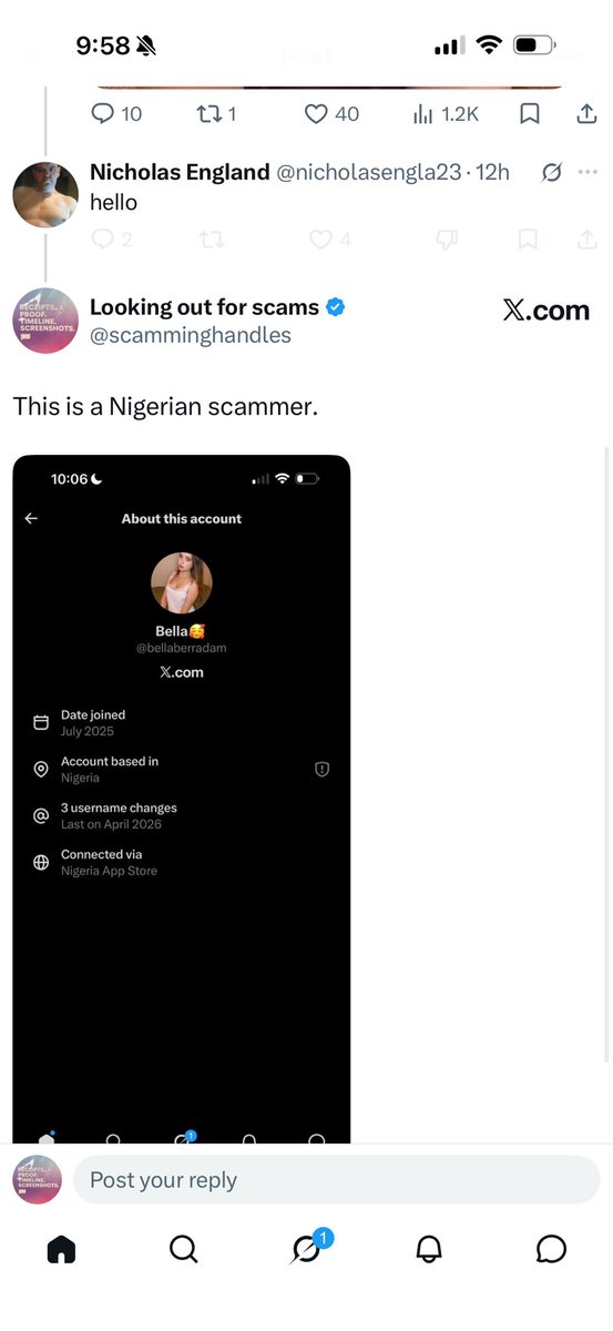 scamminghandles's tweet photo. As of late, I’ve noticed a massive amount of accounts of “women” who actually are people from Africa or Asia, apparently trying to run romance or other types of scams.

There are countless people who aren’t checking this and still responding as if these people are real - once in a while, I’ll respond to their posts and show that the account is from Nigeria, Pakistan, or elsewhere.

Sometimes, these people thank me for the information, but once in a while, I will get blocked by that person, such as the example below from yesterday.  If people want to block me because I point out information that might save them from being scammed, that is on them, not me.