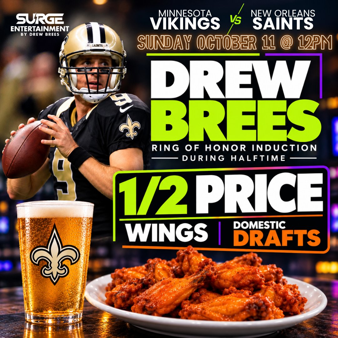 SurgeFun's tweet photo. A Saints Sunday you don’t want to miss. ⚜️🏈
Watch the game LIVE at Surge + catch Drew Brees’ Ring of Honor induction at halftime!

Game Day Specials: 
🍗 1/2 Price Wings
🍺 1/2 Price Domestic Drafts  

Come hungry &amp; cheer on the Black &amp; Gold with us! 🖤💛 https://t.co/VrV2e24Dr1