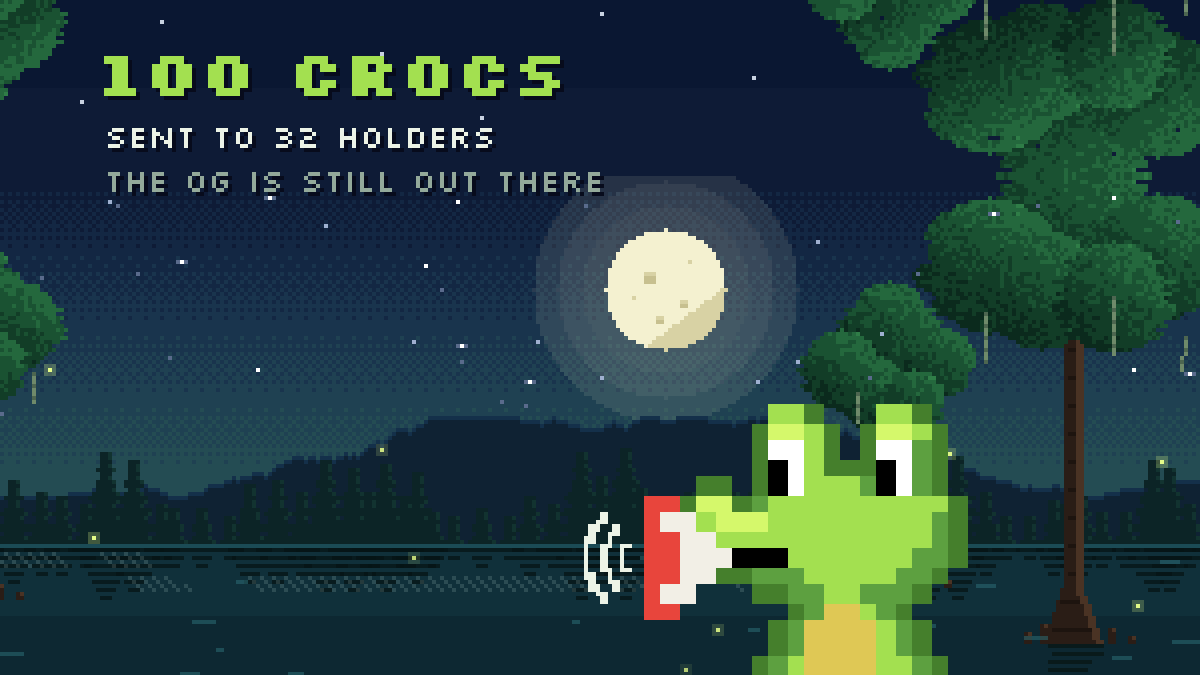 crocollout's tweet photo. 100 Crocs have left the swamp 🐊

32 holders. 1 Legendary, 7 Epics, 12 Rares already out.

The OG is still in there, waiting for the right callout. 899 to go 📣 https://t.co/fvKj7tiEli