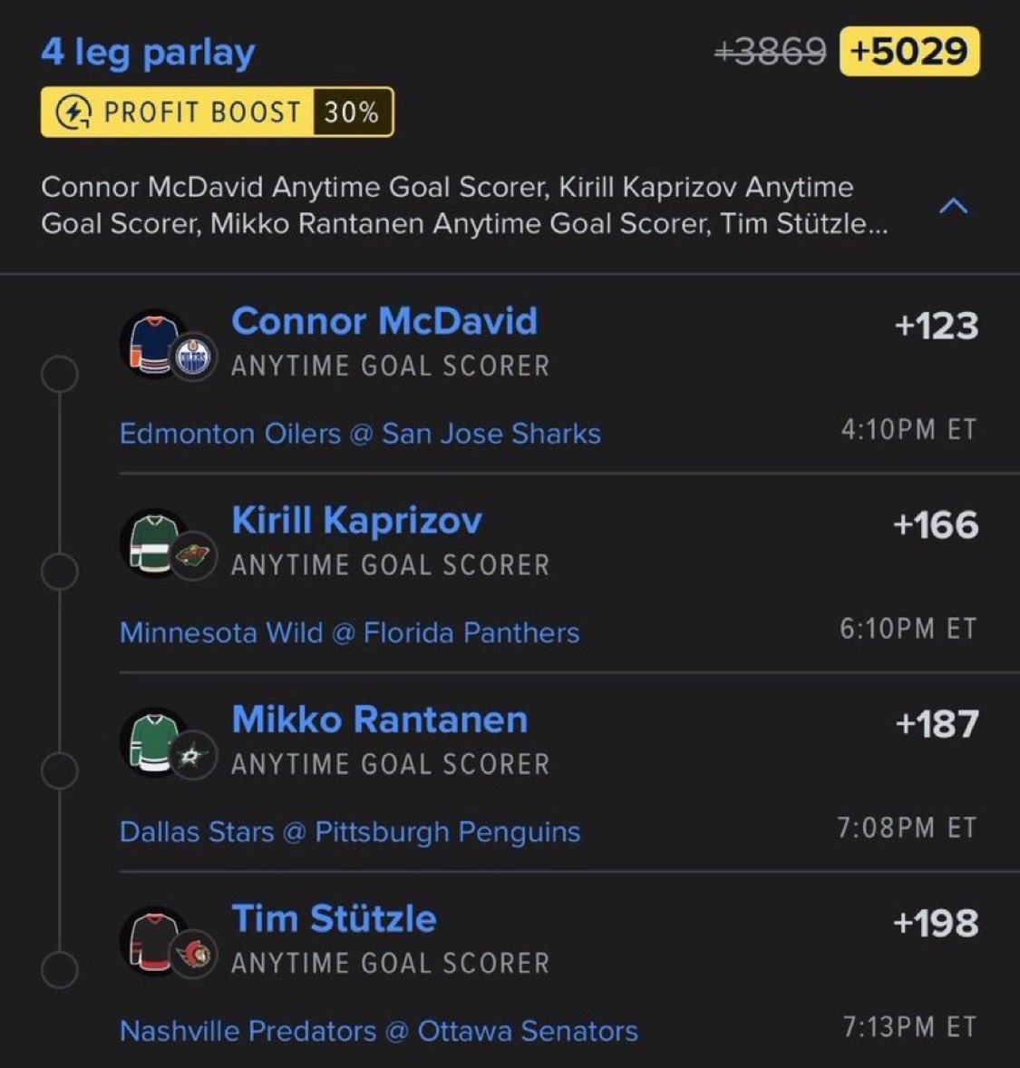 NinaParker56888's tweet photo. McDavid, Kaprizov, Rantanen, and StΓΌtzle boosted to +5029. Letβs cash it. ππ° #NHL
https://t.co/Dp9D1wdMla
#NBA π | #WNBA | #CBB π | #PrizePicks π | #PROPS | #POTD π | #Picks | #MLB βΎ | #Gamblingπ | #Parlay @Playbook
#Sportsbetting #NFL
#DraftKingsΒ οΏ½ #Fanduel https://t.co/XkCWEUabYz