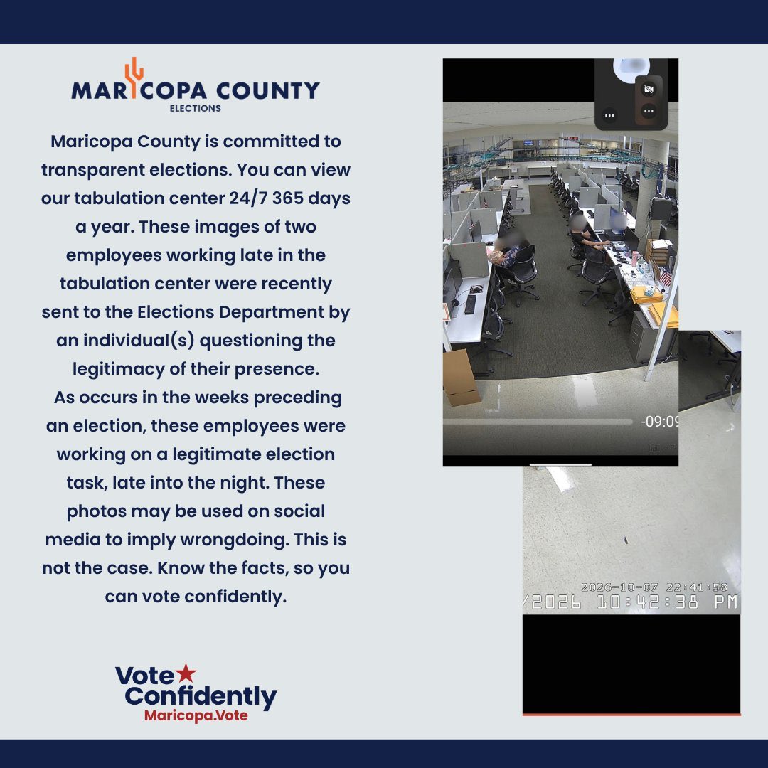 ConradsonJordan's tweet photo. Shelby Busch of @WethePeopleAZA1 tells me after @MaricopaVote runs damage control statements:

 “There are two flaws with the Maricopa County Election Department’s statement of transparency. First, they fail to disclose to the public what this ‘legitimate election task’ was that required occurring late into the night, and second, they indicate this can be viewed 24/7 by the public; however, the feed published by WTP USA does not appear to be part of the public feeds.”

“We do not presume to know what was on those flash drives, but what we do know is that secure computers were unlocked and external devices were inserted into highly sensitive systems late at night and without any public oversight. Additional video footage we obtained also raises heavy concern over the chain of custody of the external flash drive,” she adds.

View in the video is nowhere to be found in Maricopa County’s public livestreams of election activities at the Maricopa County Tabulation and Election Center.