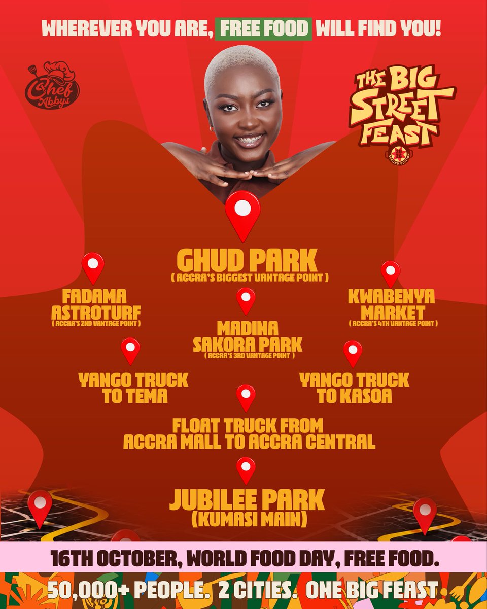 SIKAOFFICIAL1's tweet photo. World-renowned Ghanaian chef @chefabbys has announced eight locations across Accra and Kumasi for her Big Street Feast, which aims to feed 50,000 Ghanaians in celebration of World Food Day.

Free food will find you at any of these locations on 16th October. Just be there!🥳 https://t.co/nXbgJFKsY4