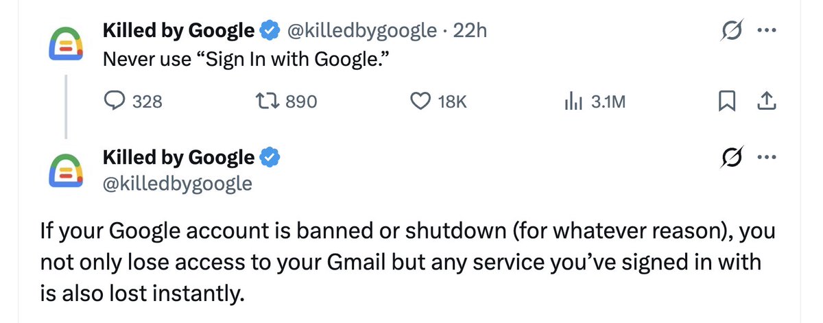 gabriberton's tweet photo. Ok now I'm scared, I sign in with Google everywhere

Are there stories of people being banned or shutdown for clerical errors or similar? https://t.co/Z7qhOo8YS5