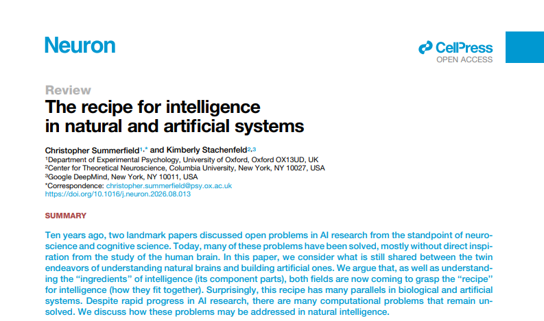 BioAI_NeuralNet's tweet photo. The recipe for intelligence in natural and artificial systems
https://t.co/atn8UIrl0Z

Summary

1. The relationship between neuroscience and AI has changed. In 2016, neuroscience was often presented as a roadmap for capabilities that AI lacked. By 2026, AI has developed many of those capabilities through methods that were not directly derived from biological mechanisms.

2. Modern AI has advanced conceptual learning, compositional reasoning, rapid adaptation, and planning. Large-scale generative models, associative retrieval, meta-learning, and rich pretrained representations have helped address several longstanding limitations.

3. Memory remains central to intelligence. Rapidly retrieving relevant relationships, integrating new experience, and maintaining stable long-term knowledge are distinct computational challenges.

4. Intelligence requires learning how to learn. The ability to generalize from limited experience depends on representations that organize relationships between tasks and situations.

5. Planning depends on prior knowledge. A system's ability to reason about possible actions is strongly influenced by the semantic and relational knowledge it has already acquired.

6. Three major challenges remain: persistent long-term learning, reliable metacognition and goal-directed control, and robust reasoning in open-ended environments.

7. Neuroscience can contribute mechanisms and hypotheses. Hippocampal-cortical interactions, synaptic plasticity, memory consolidation, cognitive control, and active perception are promising areas of investigation, although their translation into AI requires careful testing.

8. The next phase of NeuroAI should focus on integration. Rather than studying memory, learning, reasoning, or planning in isolation, researchers should investigate how these functions cooperate to support adaptive behavior.

The central message

The most important insight is that intelligence may depend less on any single component than on the way multiple computational processes are organized and coordinated.

AI research is revealing new ways to construct capable systems, while neuroscience offers opportunities to understand how biological systems learn, remember, reason, and adapt under real-world constraints.
The next major advances may therefore emerge not from simply making artificial neural networks larger or making them more anatomically brain-like, but from discovering the computational principles that allow learning, memory, inference, planning, and self-monitoring to function as one integrated system.
That is the deeper meaning of moving from the ingredients of intelligence to the recipe of intelligence.