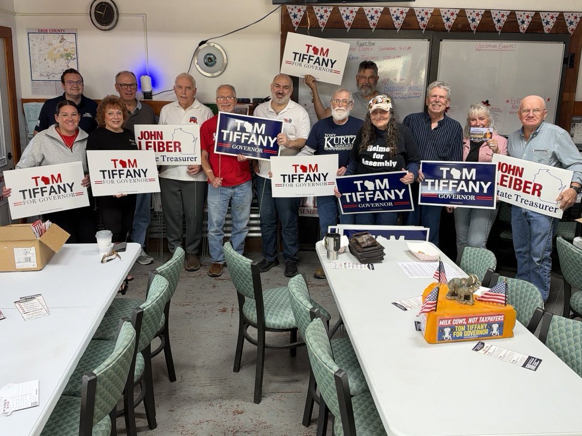 TomTiffanyWI's tweet photo. Are we going to flip the governor’s office red for the first time in eight years?

YOU BETCHA! 🇺🇸

Another great Save Wisconsin Saturday, with volunteers out at 27 locations across the state today! https://t.co/g6iM3g0da6