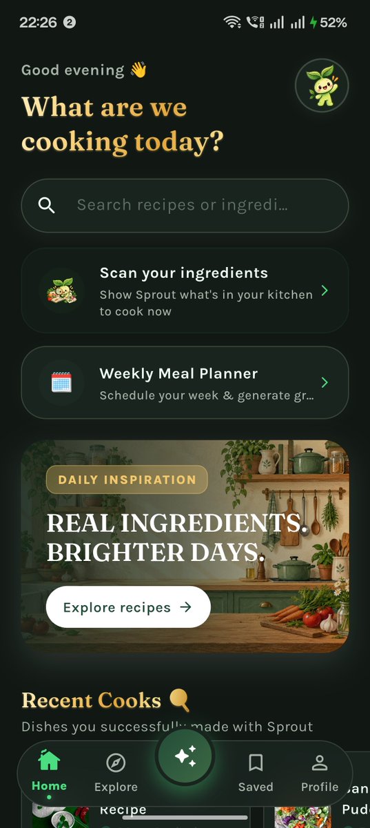 krishxbuilds's tweet photo. Day 5
Dark mode is here. 

Worked on bringing Sprout's home screen and recipe details into a darker theme, while keeping the cozy cookbook aesthetic intact.

Deep greens, warm gold accents, and the same little Sprout energy.

#BuildInPublic #Flutter https://t.co/csG7GztULo