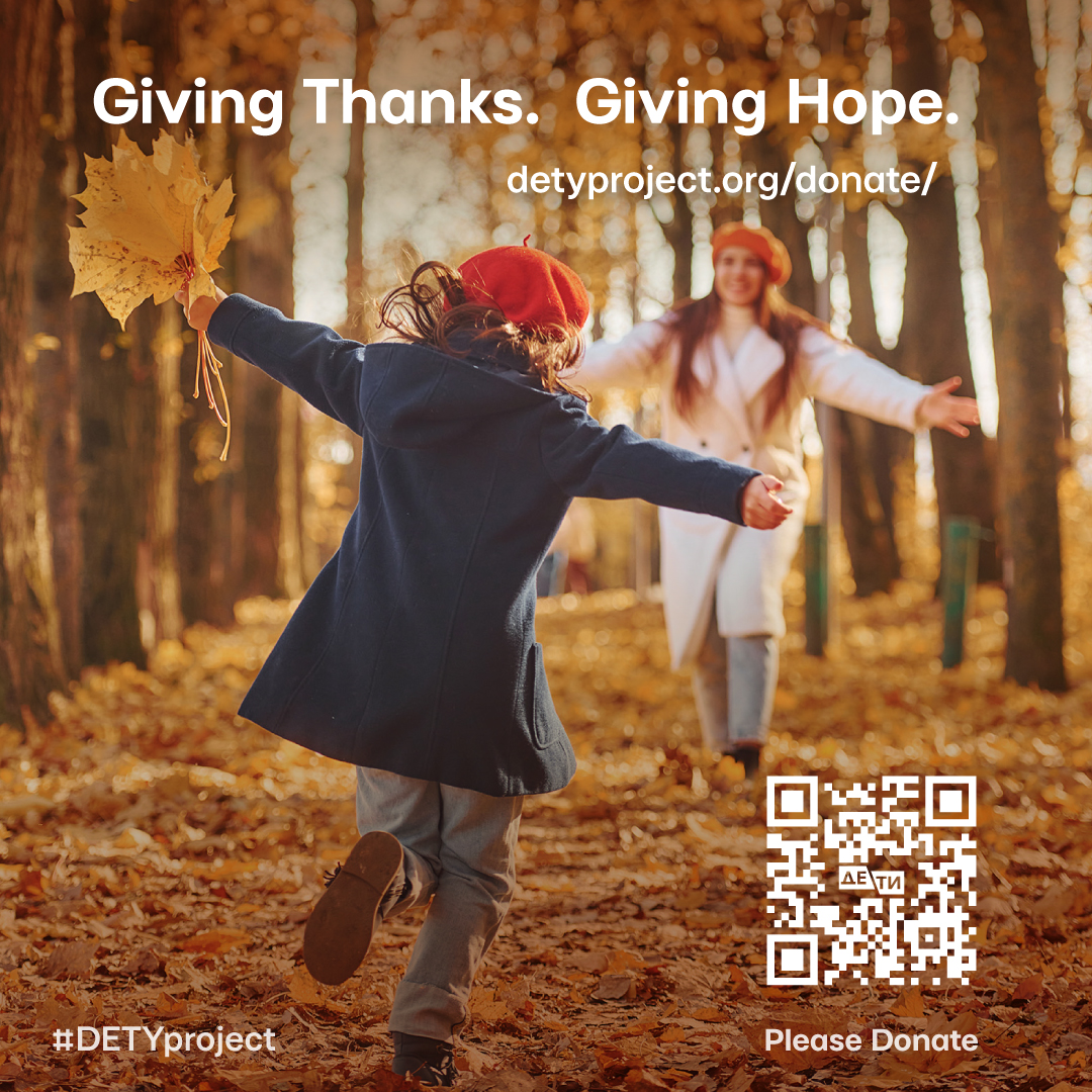 detyproject's tweet photo. This Thanksgiving, DETY is grateful for the power of kindness and solidarity.
As families across Canada gather to give thanks, we are thinking of everyone who continues to support Ukraine.
Today, we want to thank:
The volunteers, teachers, doctors, and psychologists who help children learn, heal, and look toward the future.
The artists, educators, and community members who bring creativity, hope, and moments of joy into children's lives.
And everyone who keeps Ukraine in their prayers. Your kindness makes a difference.

This Thanksgiving, if you would like to support DETY Project and its work to raise awareness of the challenges facing Ukrainian children, we invite you to learn more and consider making a donation.

🔗 Learn more or donate: https://t.co/YxNcfuVEa3

From all of us at DETY, thank you! Wishing everyone a peaceful and meaningful Thanksgiving. 🍁

#DETYProject #Thanksgiving #StandWithUkraine

Цього Дня подяки DETY дякує всім, хто своїми добрими справами та солідарністю змінює світ на краще.
Поки родини по всій Канаді збираються разом, щоб відзначити це свято, ми думаємо про всіх, хто продовжує підтримувати Україну.
Сьогодні ми хочемо подякувати:
Волонтерам, учителям, лікарям і психологам, які допомагають дітям навчатися, долати пережите та дивитися в майбутнє з надією.
Митцям, освітянам і всім членам громад, які дарують дітям творчість, надію та радісні миті.
🧡 Усім, хто згадує Україну у своїх молитвах і продовжує підтримувати її. Ваша доброта має значення.
Цього Дня подяки, якщо ви хочете підтримати DETY Project та його діяльність із привернення уваги до викликів, з якими стикаються українські діти, запрошуємо вас дізнатися більше про наш проєкт і зробити пожертву.
🔗 Дізнатися більше та зробити пожертву: https://t.co/YxNcfuVEa3
Від усієї команди DETY — щиро дякуємо вам!
Бажаємо всім мирн��го й світлого Дня подяки. 🍁
#DETYProject #ДеньПодяки #StandWithUkraine

À l’occasion de l’Action de grâce, DETY tient à remercier toutes les personnes dont la bonté et la solidarité contribuent à rendre le monde meilleur.
Alors que les familles partout au Canada se réunissent pour célébrer cette fête, nous avons une pensée pour toutes celles et ceux qui continuent de soutenir l’Ukraine.
Aujourd’hui, nous souhaitons remercier :
Les bénévoles, les enseignants, les médecins et les psychologues qui aident les enfants à apprendre, à se reconstruire et à envisager l’avenir avec espoir.
Les artistes, les éducateurs et les membres de la communauté qui offrent aux enfants des occasions de créer, de garder espoir et de vivre des moments de joie.
🧡 Toutes les personnes qui gardent l’Ukraine dans leurs prières et continuent de lui témoigner leur soutien. Votre bienveillance compte.
En cette Action de grâce, si vous souhaitez soutenir DETY Project et ses efforts pour sensibiliser le public aux difficultés auxquelles les enfants ukrainiens sont confrontés, nous vous invitons à découvrir notre travail et à envisager de faire un don.
🔗 Pour en savoir plus ou faire un don : https://t.co/YxNcfuVEa3
De la part de toute l’équipe de DETY, un grand merci !
Nous vous souhaitons une Action de grâce paisible et lumineuse. 🍁
#DETYProject #ActionDeGrâce #StandWithUkraine