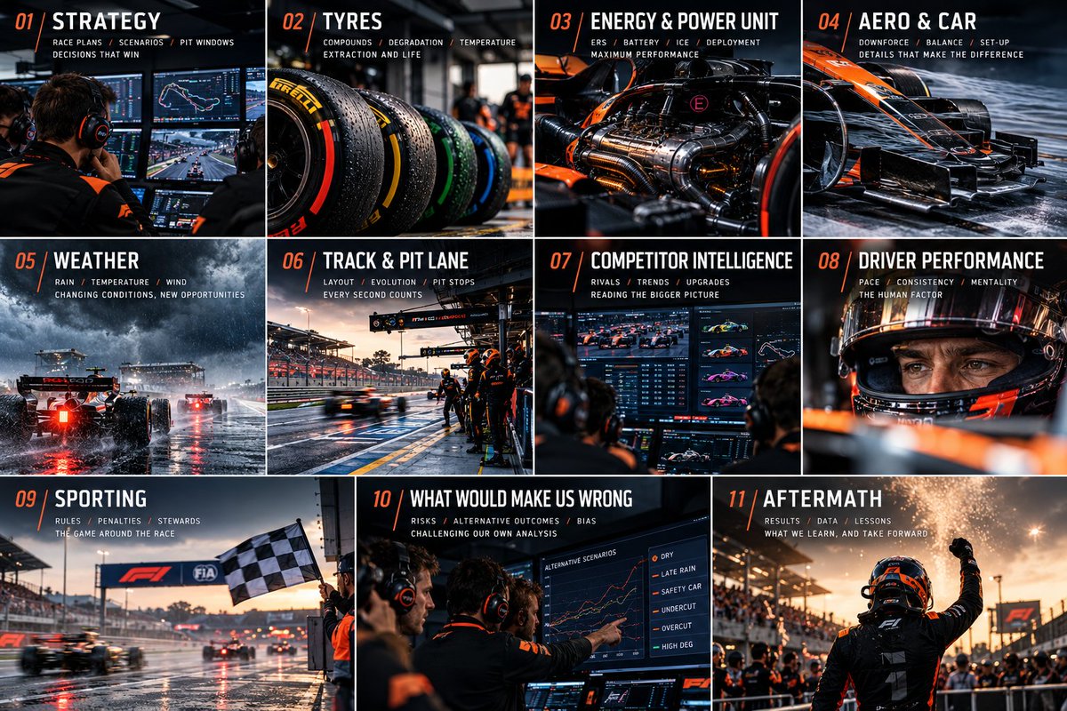 F1strategycom's tweet photo. SINGAPORE BRIEFING: ONE STOP, SOFT OR MEDIUM FIRST, AND A SAFETY CAR THAT DECIDES IT
Verstappen on pole by 0.054 s with Ferrari on the front rows, a cool night after afternoon showers, tyres that this year degrade the same whatever the colour, a 250 kW cap through three slow sections, and a track where nobody passes without a second a lap. Our pit wall sets out the plan, the numbers behind it and what would make us wrong.

OUR PLAN: One stop, soft → medium around lap 28 or medium → soft around lap 34; both within a second
BIGGEST RISK: Soft untested in race trim after a wet Sprint; showers before the start; a Safety Car makes the stop almost free
WATCH: Leclerc on the dirty side with Hamilton behind him; Red Bull's five new softs; Russell from P22 with four
#F1 #SingaporeGP
Read briefings on https://t.co/TKrAFtlTxy