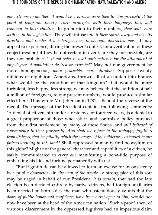 AuronMacintyre's tweet photo. Alexander Hamilton rejects the idea of growing the American population with broader European migration

He explains that the American Republic works because the English Constitution is common to its current inhabitants and foreigners would bring with them ingrained beliefs about society that would subvert the governing of the republic

He also states that a homogenous society is preferable and allowing foreigners to come and participate in voting or running for office is a well known mistake that has killed many republics including Rome