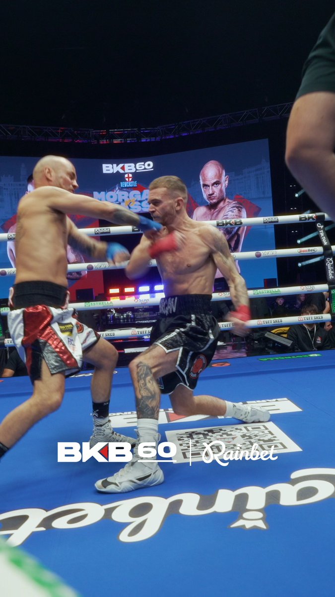 Two bare-knuckle boxers exchange punches in a ring during a BKB60 event in Newcastle, with a 'BKB60 | Rainbet' logo overlaid at the bottom.