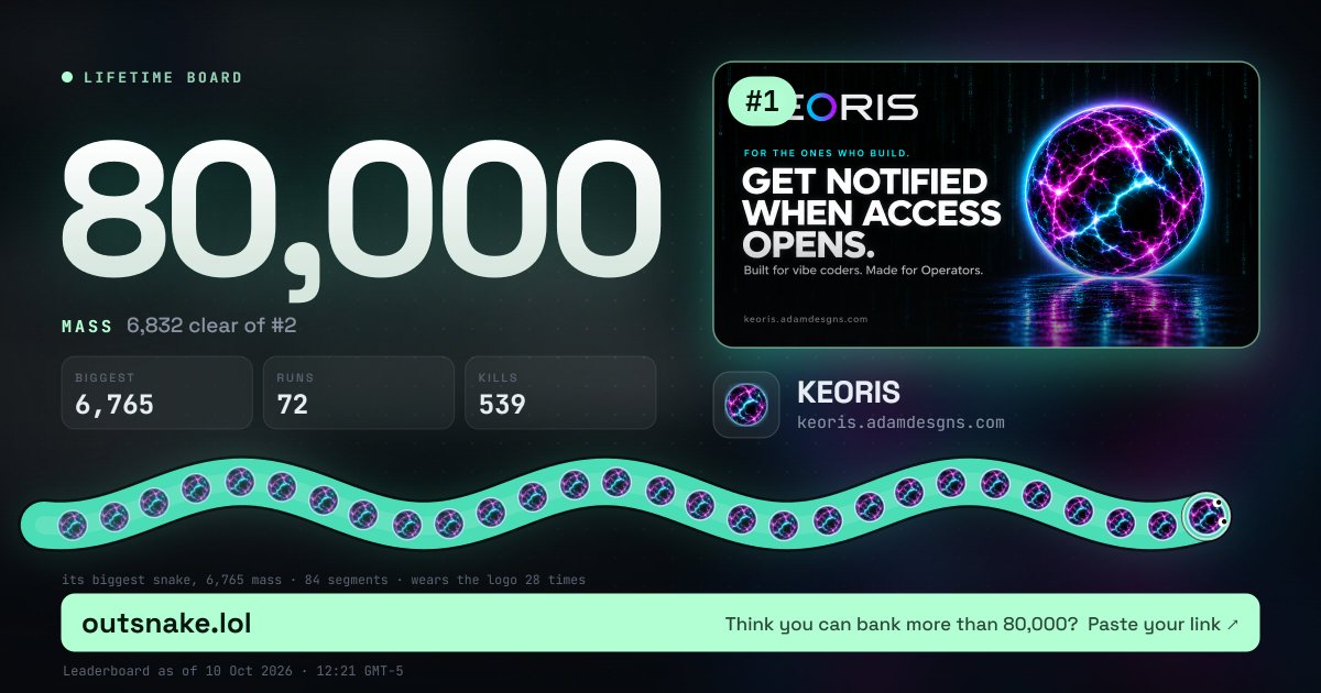 KEORISAI's tweet photo. #1 on the https://t.co/Np9RH2wGXj lifetime board has banked 80,000 mass. Think you can beat it? https://t.co/FkCmfgIBMw https://t.co/NF4XeT8fQD
