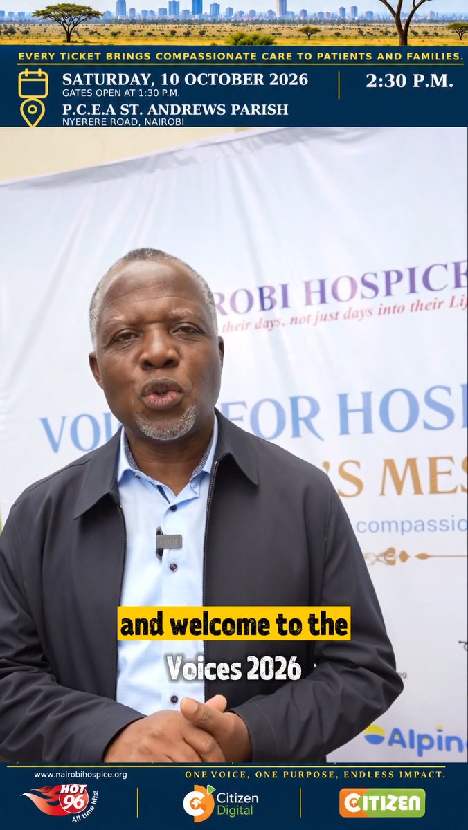 A man in a dark jacket speaks at the Nairobi Hospice "Voices for Hospice 2026" event, welcoming attendees to the concert scheduled for Saturday, 10 October 2026 at P.C.E.A St. Andrews Parish, Nyerere Road, Nairobi, with tickets supporting compassionate care for patients and families. The promotional flyer features sponsors Hot 96, Citizen Digital, and Citizen, aligning with the chairman's message about the upcoming charitable concert featuring Handel's Messiah by the Nairobi Music Society and Nairobi Orchestra.