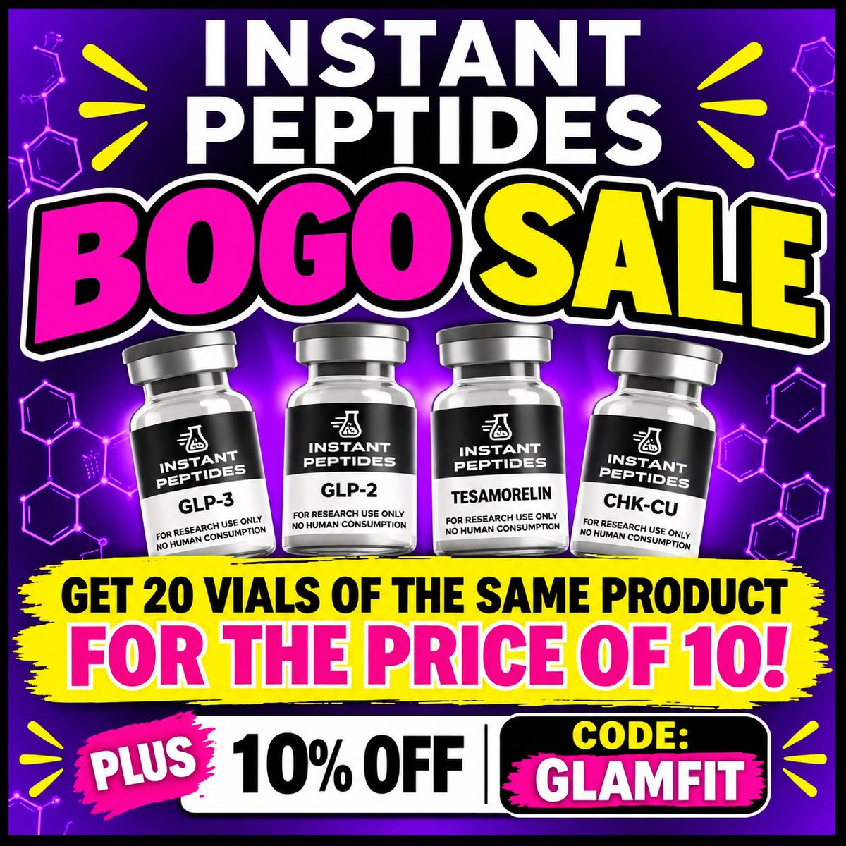 RachaelTam3's tweet photo. 🧬 Instant Peptides BOGO Kits Sale!
💰 Buy 20 vials for the price of 10!
🏷 10% off / code: GLAMFIT
⏰️ Today, Saturday October 10th ONLY!
✅️ 8x testing on all batches.
✅️ Up to date COA's.
✅️ FedEx 2-Day US Shipping.
https://t.co/W3c6O38teS
#peptalk #peptides https://t.co/q4Yqxa3lh3