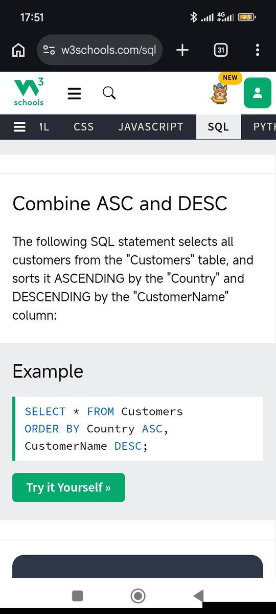 ud_shalom's tweet photo. Day 10/30 💻
Today, I studied SQL operators on W3Schools: "=", ">", "<", ">=", "<=", "<>", "BETWEEN", "LIKE" & "IN".
I also read about "ORDER BY", "ASC" & "DESC" before practicing.
Read, learn, practice! 📊 W3Schools is a great resource. Give it a try!
#30DaysOfSQL #SQL https://t.co/F8foasJlrd