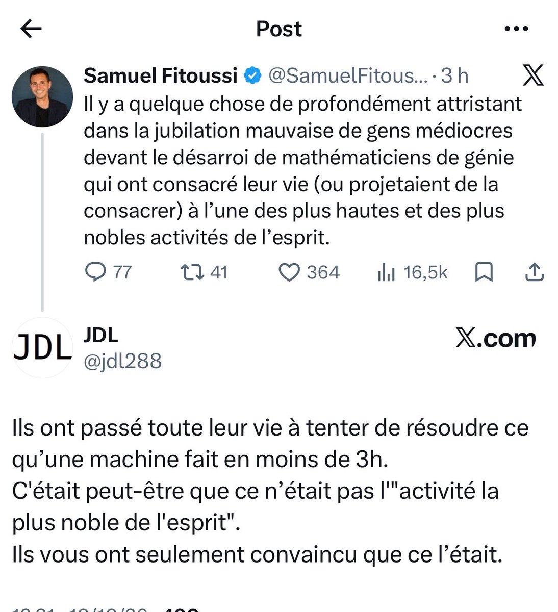 dr_l_alexandre's tweet photo. Regardez la violence inouïe de cette réponse à @SamuelFitouss10 

@jdl288 a raison. 

Ces grands mathématiciens ont échoué à faire en une vie entière ce que ChatGPT a fait en 3 heures 

Leur intelligence est donc très limitée https://t.co/9iDGFT0zrV