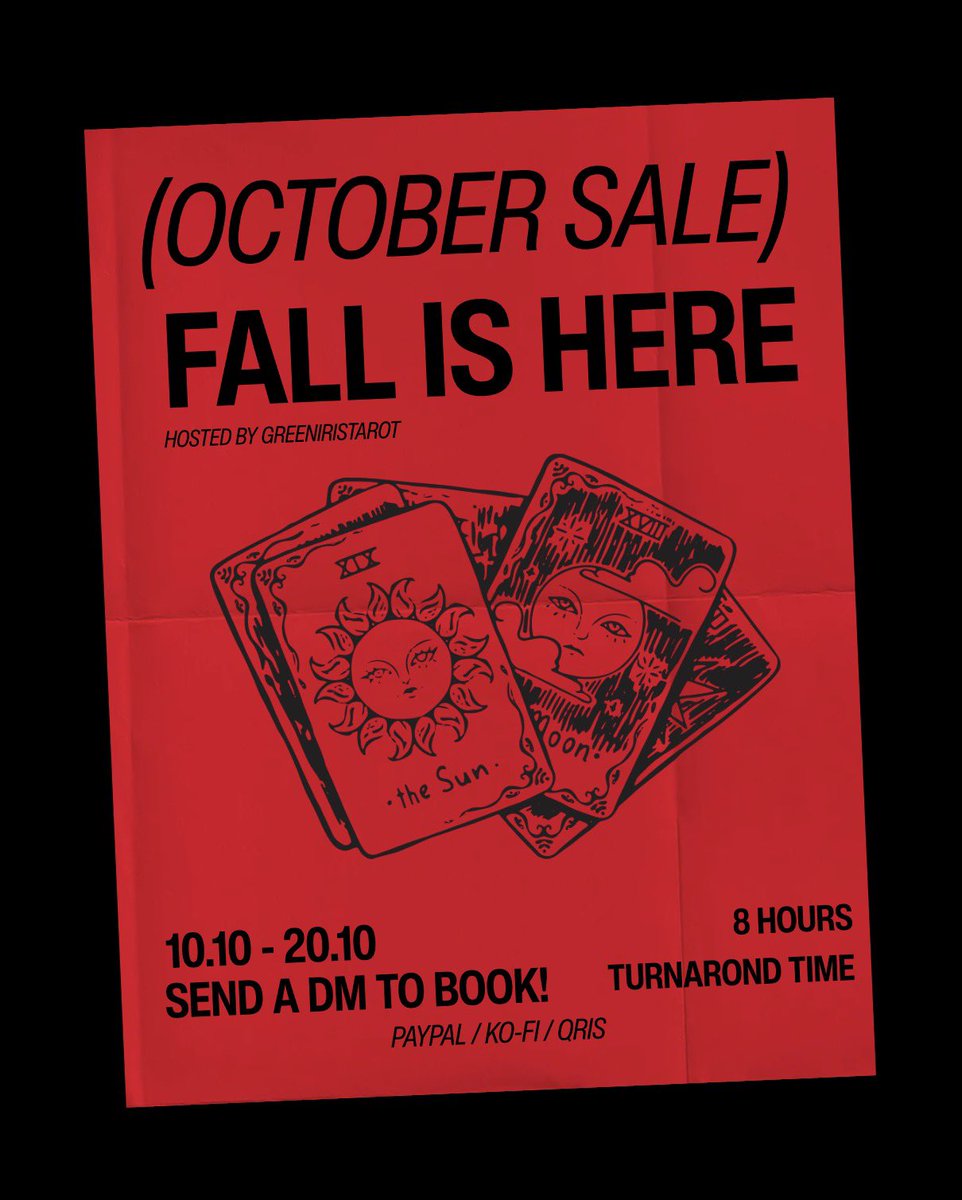 GreenIrisTarot's tweet photo. 🚨 OCTOBER SALE IS HERE!!! 🍂🔮

10.10 – 20.10 ONLY! your fav tarot readings &amp; spells are ON SALEEE!! if you’ve been waiting for a sign to book a reading, THIS IS IT!

✶ 8-hour turnaround time
✶ PayPal / Ko-fi / QRIS

DM to book yours before the sale ends!! ♡ https://t.co/Op2osd5WqW