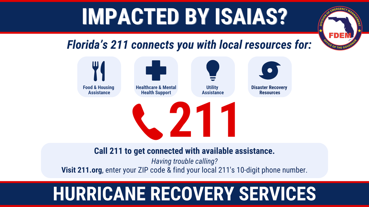 FLSERT's tweet photo. 🤝 Blue skies or gray skies, 211 helps you find the way forward.

Florida’s 211 connects you with local resources for food, housing, healthcare, mental health support, utility assistance, disaster assistance & other essential needs.

☎️ 211
📱 Calling over Wi-Fi? 211 may not work through Wi-Fi Calling. 
💻 Visit https://t.co/SeD8MSqGeN, enter your ZIP code & find your local 211’s 10-digit number.