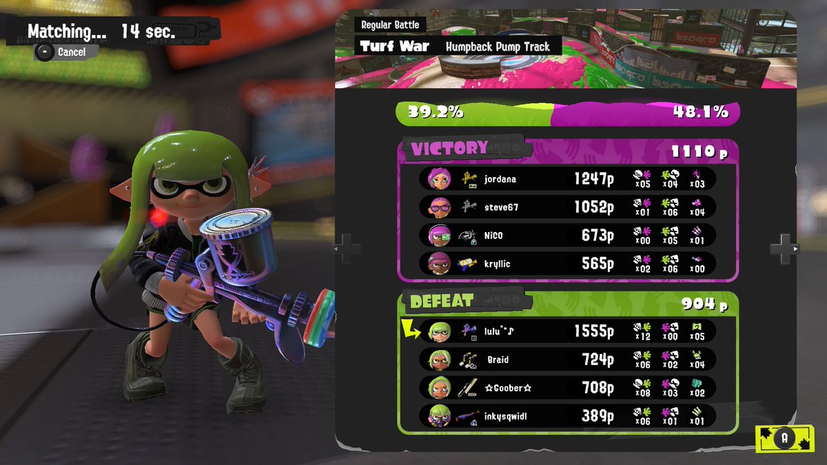 kaishushu's tweet photo. This is one of the most frustrating turf war results screens ever lol. 1555p, 12 splats, not splatted a single time and we still lost. No disconnects either :/ https://t.co/BpT1H9MjBm