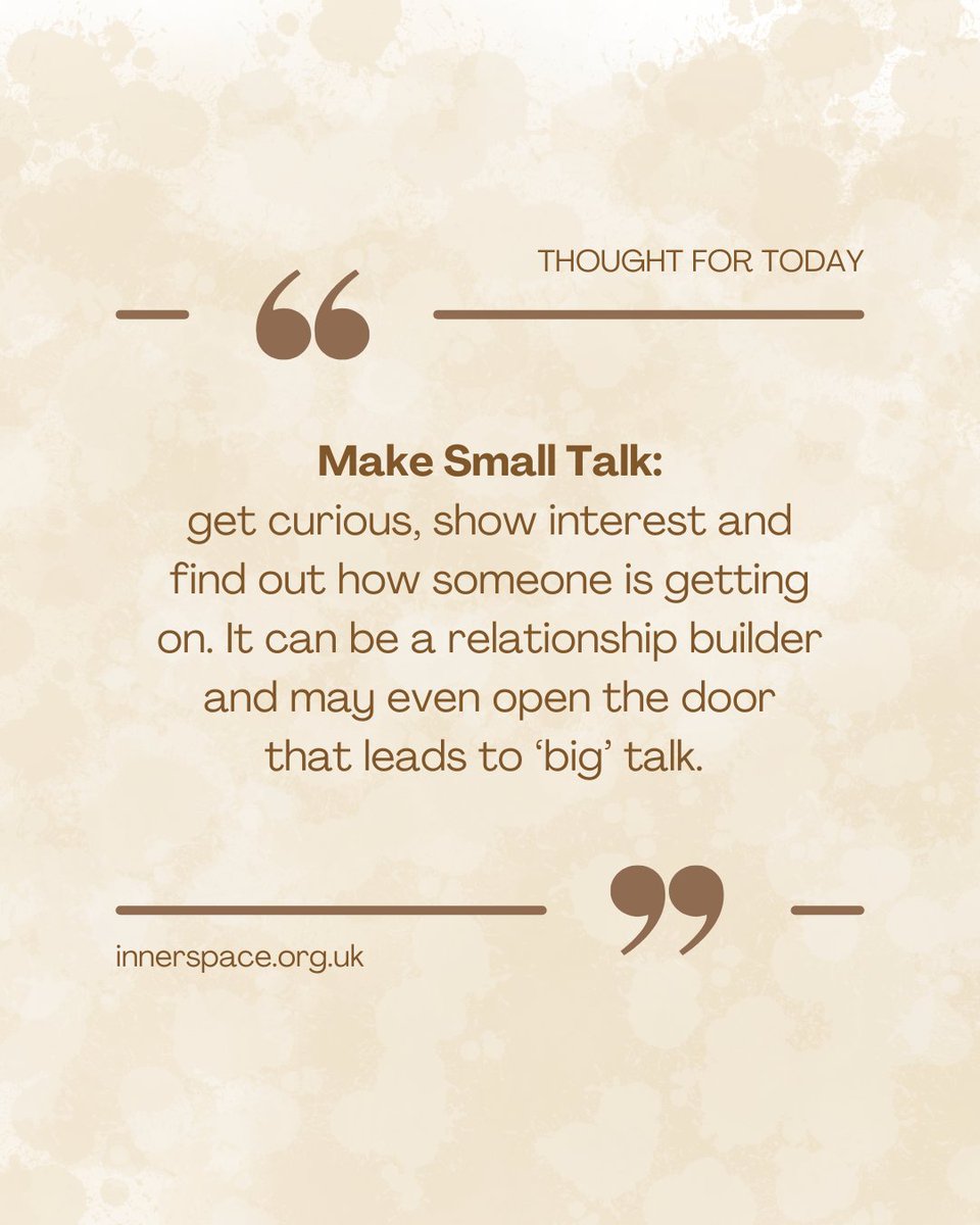 inner_space's tweet photo. 💭 Thought of the Day: Making Small Talk
Do you think small talk is unimportant, a waste of time? If you do, then think again. Small talk is worth your time. It can be a relationship builder and may even open the door that leads to ‘big’ talk.
#makesmalltalk #smalltalk https://t.co/v3btC6twRv