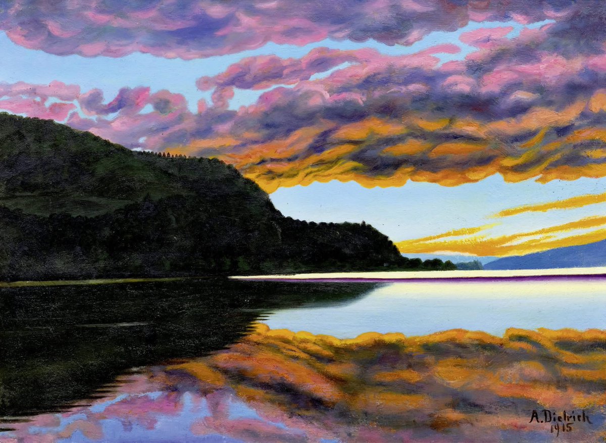 olgatuleninova's tweet photo. Adolf Dietrich (Swiss 1877-1957)
Evening at the lake with red clouds (1915)
oil on board 28 x 38.5 cm https://t.co/HCV08TZE0U