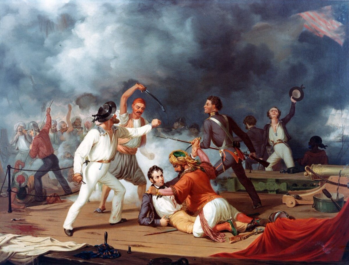 HumbleFlow's tweet photo. I'm always surprised by how many Americans don't know that their country's first war was against the Barbary pirates of North Africa.

They attacked American ships, captured and enslaved American sailors, and demanded tribute payments.

When Jefferson and Adams asked why Americans were being targeted, the Tripolitan ambassador justified it by citing the Quran, claiming that his religion gave them the right to wage war against those who didn't acknowledge their authority.
