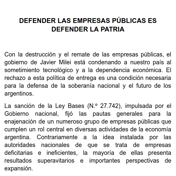 DefLaCienArg's tweet photo. 🇦🇷🛑 COMUNICADO DE PRENSA (9/10/2026)
«Rechazamos de manera categórica la entrega de los activos públicos, porque constituye una política antinacional que vulnera nuestra soberanía y compromete el futuro del pueblo argentino» 
🔗Texto completo: https://t.co/iCDRcvNlLU https://t.co/QtXEL2rNU2