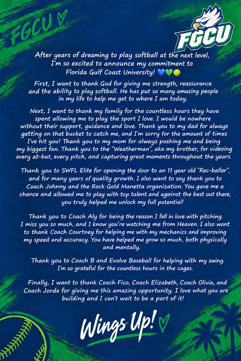 Brooklyn_Serg15's tweet photo. WINGS UP 💙💚🦅

@FGCU_Softball @LindsayFico @emason55 @ChartrandJorde @courtneygettins @evolvebaseball_ @RockGoldManetta @SWFLElite239 @Jackson_Unity @LineDsoftball @_CoachBCoachB @DiamondAddicts @TOP_D1RECRUITS https://t.co/UpPxB5CsXp