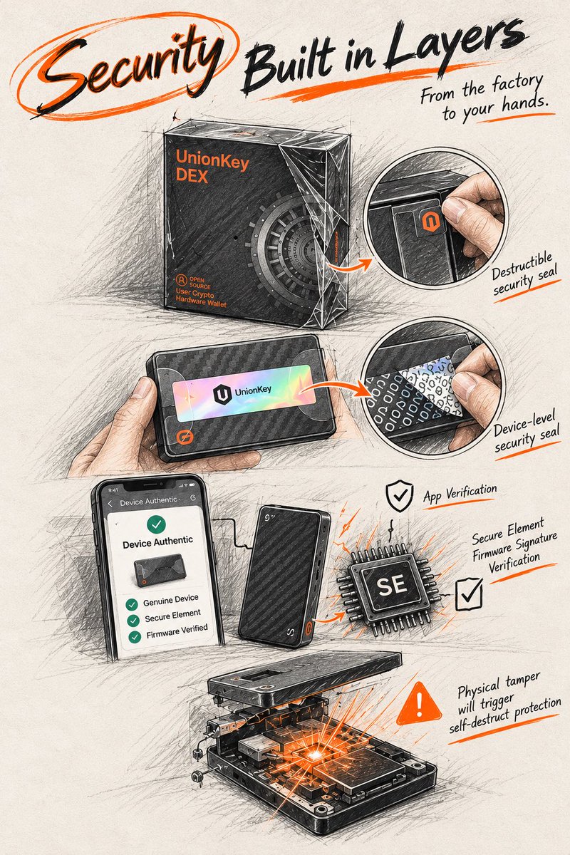 UnionKeyHQ's tweet photo. A genuine hardware wallet isn’t necessarily an untouched one.

Recent discussions around physical hardware implants have brought an important security question back into focus:

What happens if someone tampers with your wallet before it ever reaches you?

At UnionKey, we believe hardware security should go beyond protecting the private key. It should also protect the integrity of the device itself.

That’s why we’ve built multiple layers of protection into UnionKey:

1. Tamper-Evident Packaging
The box is protected by clear shrink wrap and a destructible security seal, making signs of unauthorized opening easier to identify.

2. Device-Level Security Seal
A holographic tamper-evident seal on the device reveals a visible “VOID” pattern when removed, providing another way to inspect for interference.

3. Device Authenticity & Firmware Verification
Official app-based device authentication and Secure Element firmware signature verification help establish that the device and its software are genuine.

4. Anti-Tamper Self-Destruct Protection
UnionKey incorporates a hardware-level self-destruct mechanism designed to respond to physical disassembly attempts.

This adds a defensive layer beyond packaging and software authentication, addressing physical intrusion at the device level.

No single security measure can eliminate every possible threat.

That’s why we believe hardware wallet security must be built in layers — from the moment a device is manufactured to the moment it’s in your hands.

Security isn’t just about protecting what’s inside. It’s about protecting the integrity of everything around it.