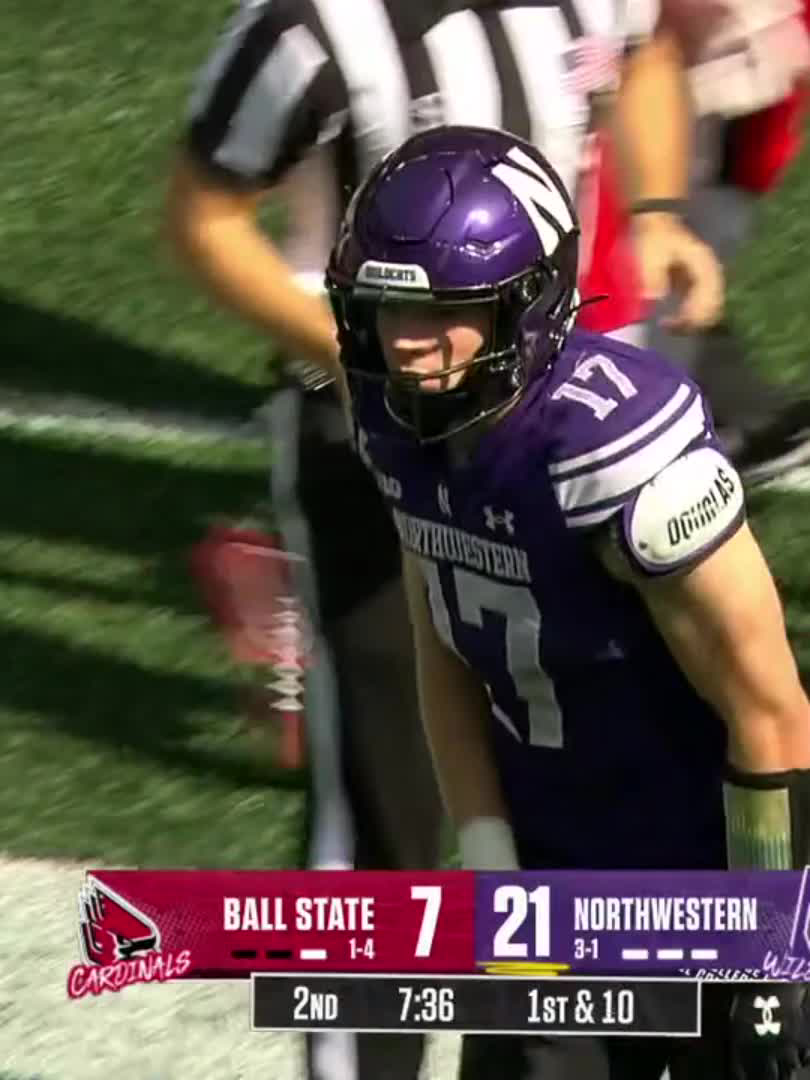 A college football game screenshot showing a Northwestern Wildcats player (#17) on the field; scoreboard reads Ball State Cardinals 7, Northwestern 21, 2nd quarter, 7:36, 1st & 10.