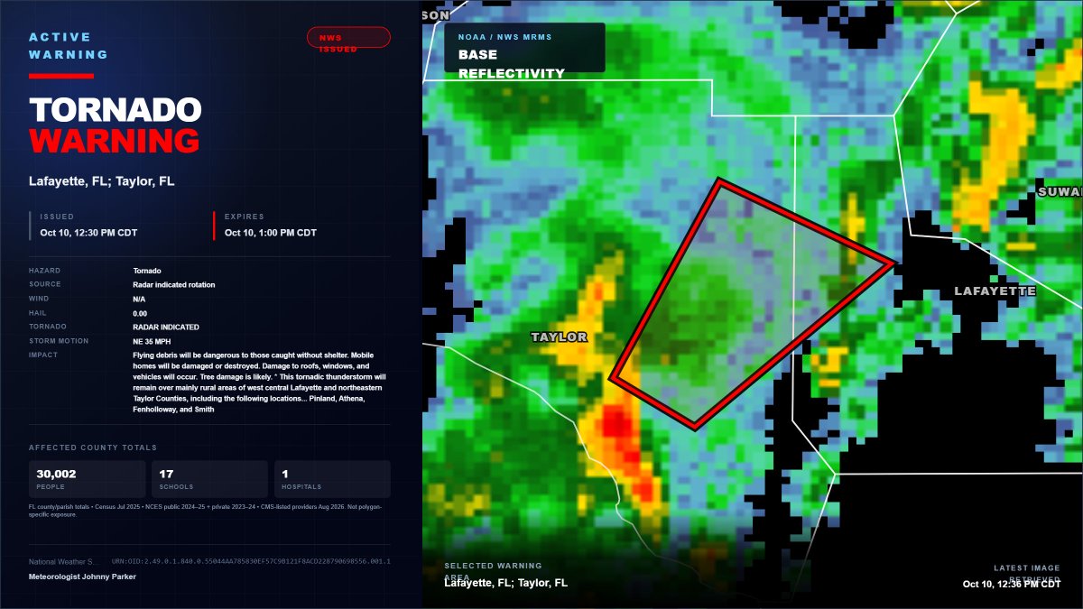 PWXService's tweet photo. Tornado Warning until 1pm for Lafayette and Taylor Counties. #flwx https://t.co/ywJmt3aHow