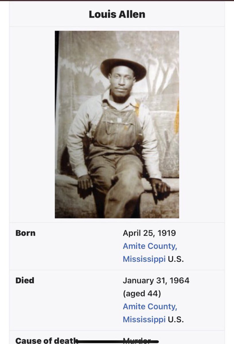 LqLana's tweet photo. Louis Allen was a Black businessman in Liberty, Mississippi. He started a logging business after returning from military service in the war. 

Louis Allen was murdered in 1964 on his land.

He had been trying to register to vote previously. 

No Black person had been allowed to vote in the state. 

Shot and killed a Black man trying to vote after he put his life on the line for this country.

I suspect not only was he killed for trying to vote, but also to take his land, the audacity of a Black man owning land. 

The only thing more powerful than Black voices is the Black vote. We will not be denied.  #DemsUnited