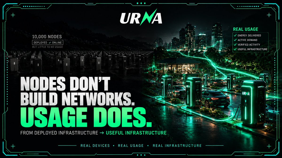 UrnaCharge's tweet photo. Nodes don’t build networks.

Usage does.

Thousands of devices can be deployed and online, but infrastructure only becomes valuable when real demand flows through it.

That means energy delivered. Active users. Verified activity. Useful infrastructure.

URNA is building beyond deployment.

Real devices. Real usage. Real infrastructure.