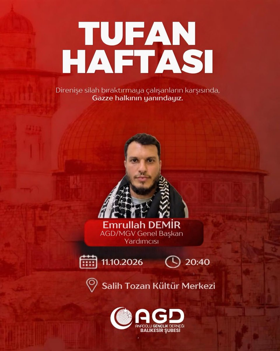 agdkadin10's tweet photo. Sumut filosu aktivisti
 *🇵🇸 Emrullah Demir'in* konuşmacı olarak katılacağı Aksa Tufanı programı 
📍11 Ekim Pazar günü 
🕣Saat 20.30'da 
📍Salih Tozan Kültür Merkezi'nde 
yapılacaktır, sizleri de bekliyoruz. https://t.co/ylhnBwVLGg