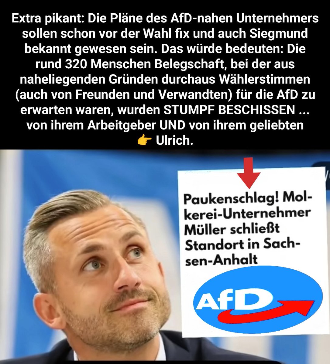 waagerstart's tweet photo. Offiziell angetreten, um besser zu sein. Und dann doch nur Unternehmerfreund-Arschlochpartei: #AfD #Sachsenanhalt #Müllermilch #Wahlbetrug https://t.co/YdD9lAke0O