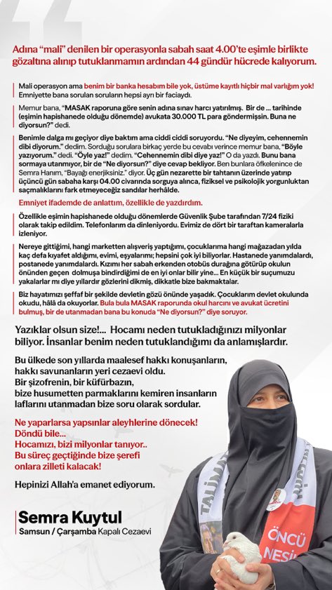 furkanhmersin's tweet photo. Samsun Çarşamba Kapalı Cezaevinde Bulunan Semra Kuytul Hocahanım’dan Mesaj! 

MaliOperasyon Gerçeği
SemraKuytula Ozgürlük https://t.co/RLHqJ6X4pZ