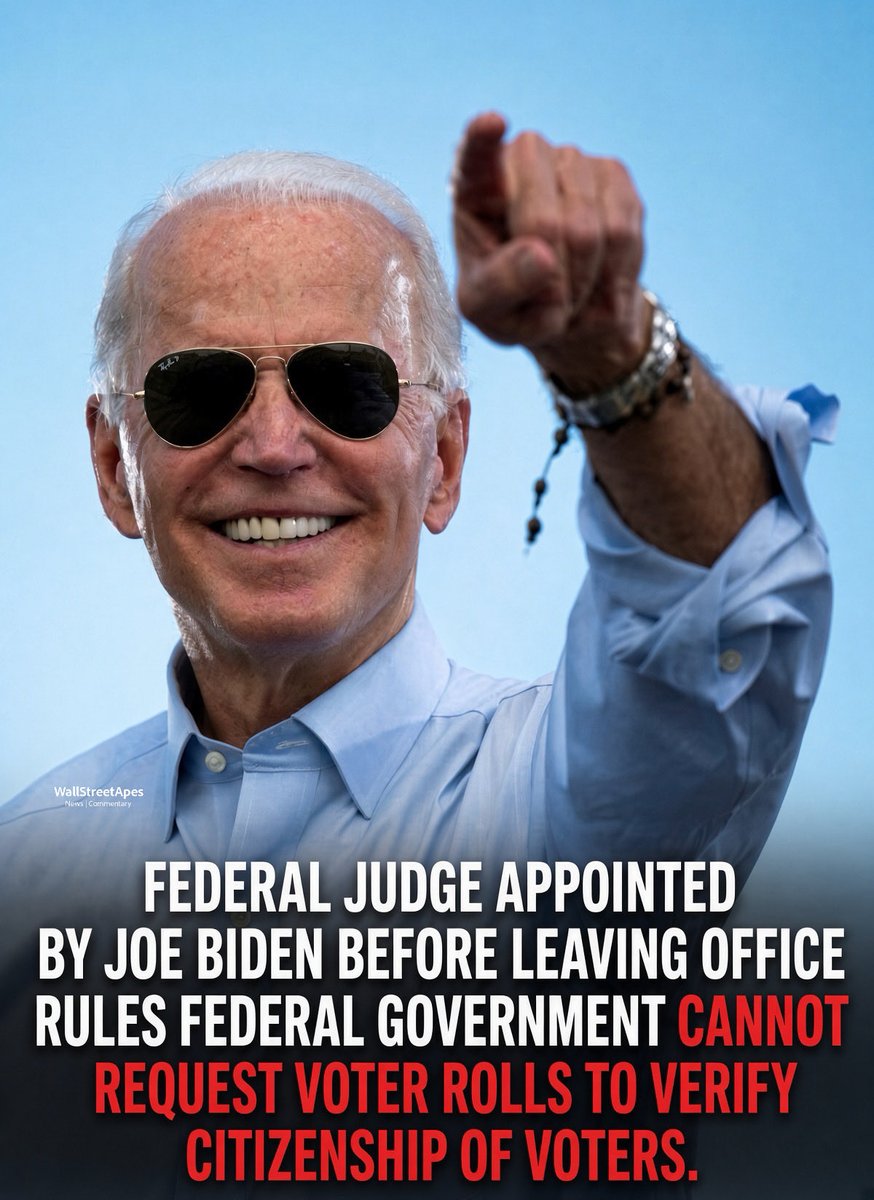 WallStreetApes's tweet photo. NEW: Federal Judge rules the Federal Government is NOT allowed to request voter roll data from states to verify citizenship status of voters. This order applies nationwide

Joe Biden appointed this judge right before leaving office in 2024. Democrats knew they needed to install these judges to rig our country 

Federal judge Sparkle Sooknanan struck down the Justice Department’s nationwide effort to collect voter registration records and identify noncitizens

This blocks the Trump administration from continuing the program, including to states that had voluntarily provided data. It bars continued use of those records for the program