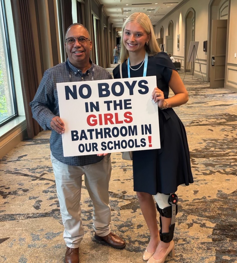 Moms4Liberty's tweet photo. No Boys in Girls Bathrooms.
@LuisRiveraTruth is fighting for his 9-year-old daughter in Massachusetts after a biological boy entered her school bathroom stall. @EllaFrei17 is fighting in Wisconsin after her school let boys into the girls’ bathroom, locker room, and sports.

One dad. 
One teenage girl. 
Same fight. 
Girls’ privacy isn’t controversial. 
It’s common sense.

Who’s with them?
