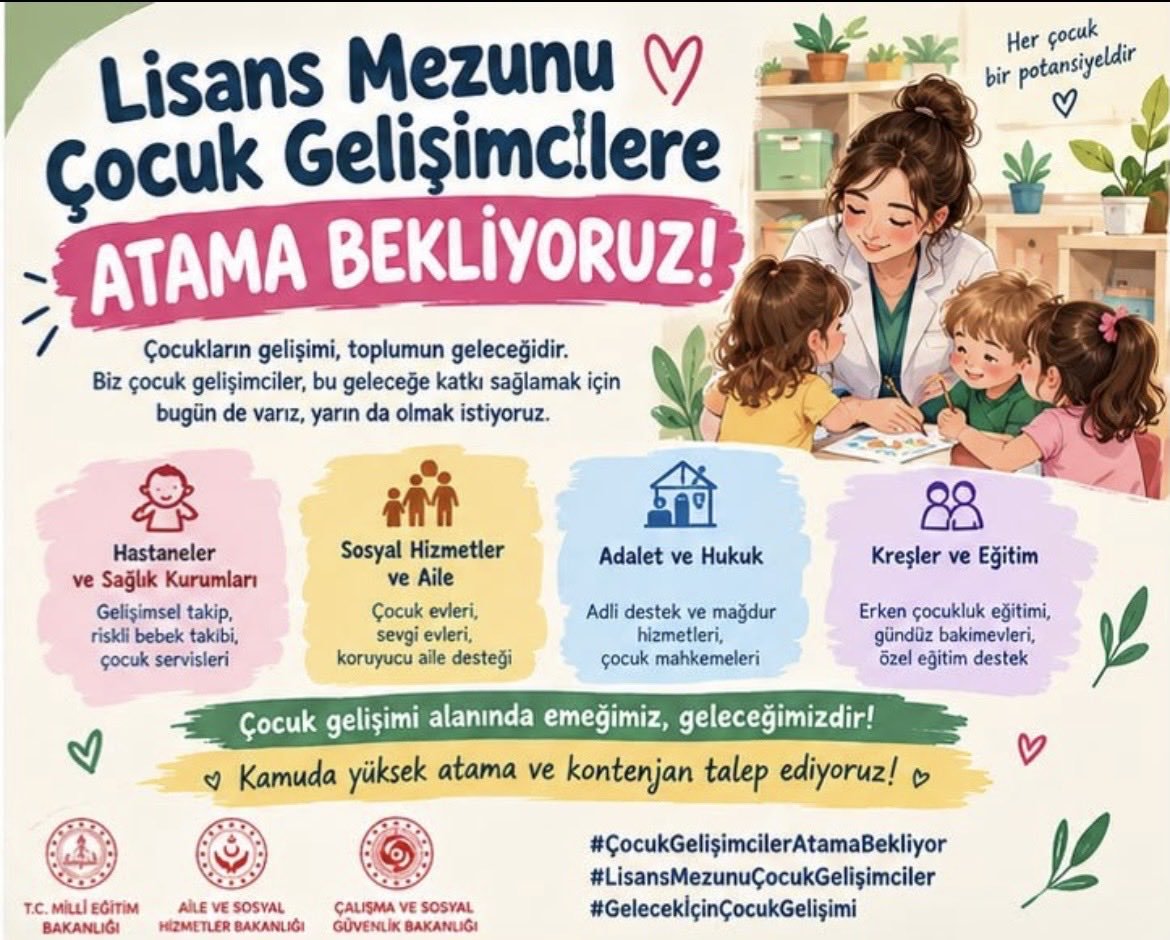 birnurmeselesi's tweet photo. Geleceğimiz için çocuk gelişimine gereken değer verilmelidir. #3BinlisansCocukGelisimci @saglikbakanligi @tcailesosyal @adalet_bakanlik @HMBakanligi https://t.co/kKpfpc3is4