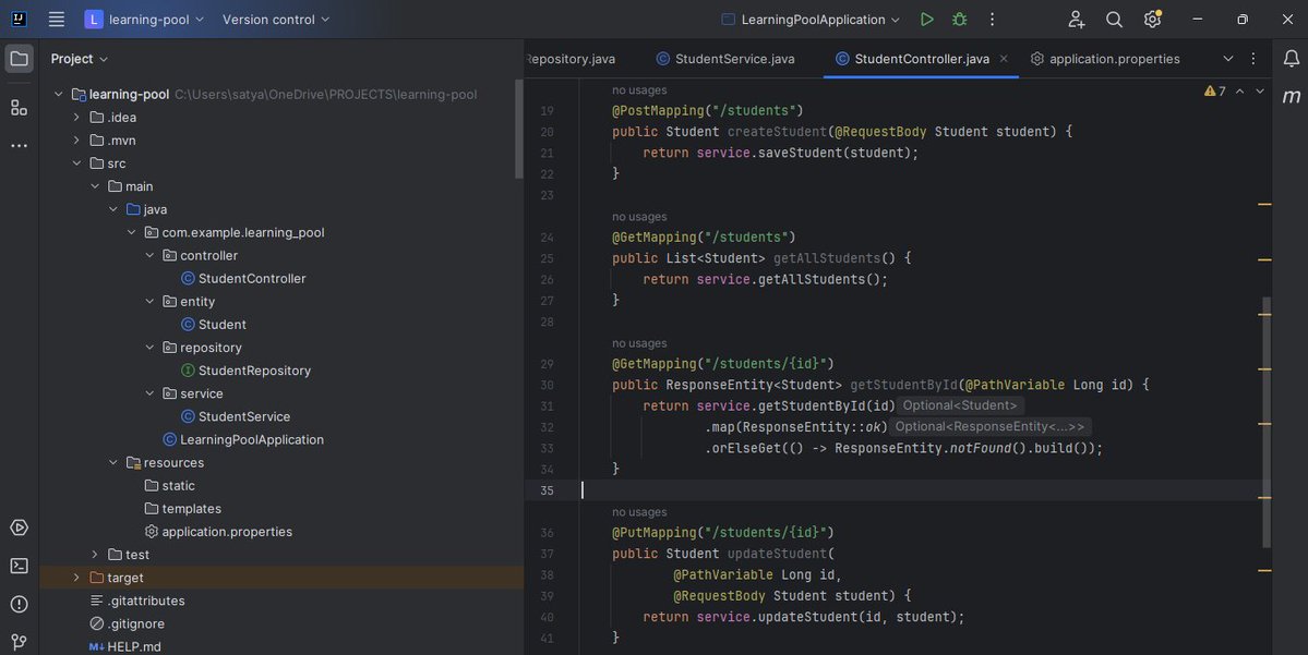 _Satya_madhavi's tweet photo. Day 7 of building Learning Pool 🚀

🔹 Learned Service Layer &amp; Dependency Injection.
🔹 Understood the Student Controller.
🔹 Implemented basic CRUD REST APIs.
Understand the overall flow; just need more practice with the syntax!
#SpringBoot #Java #LearningInPublic https://t.co/MiDChkRg6J