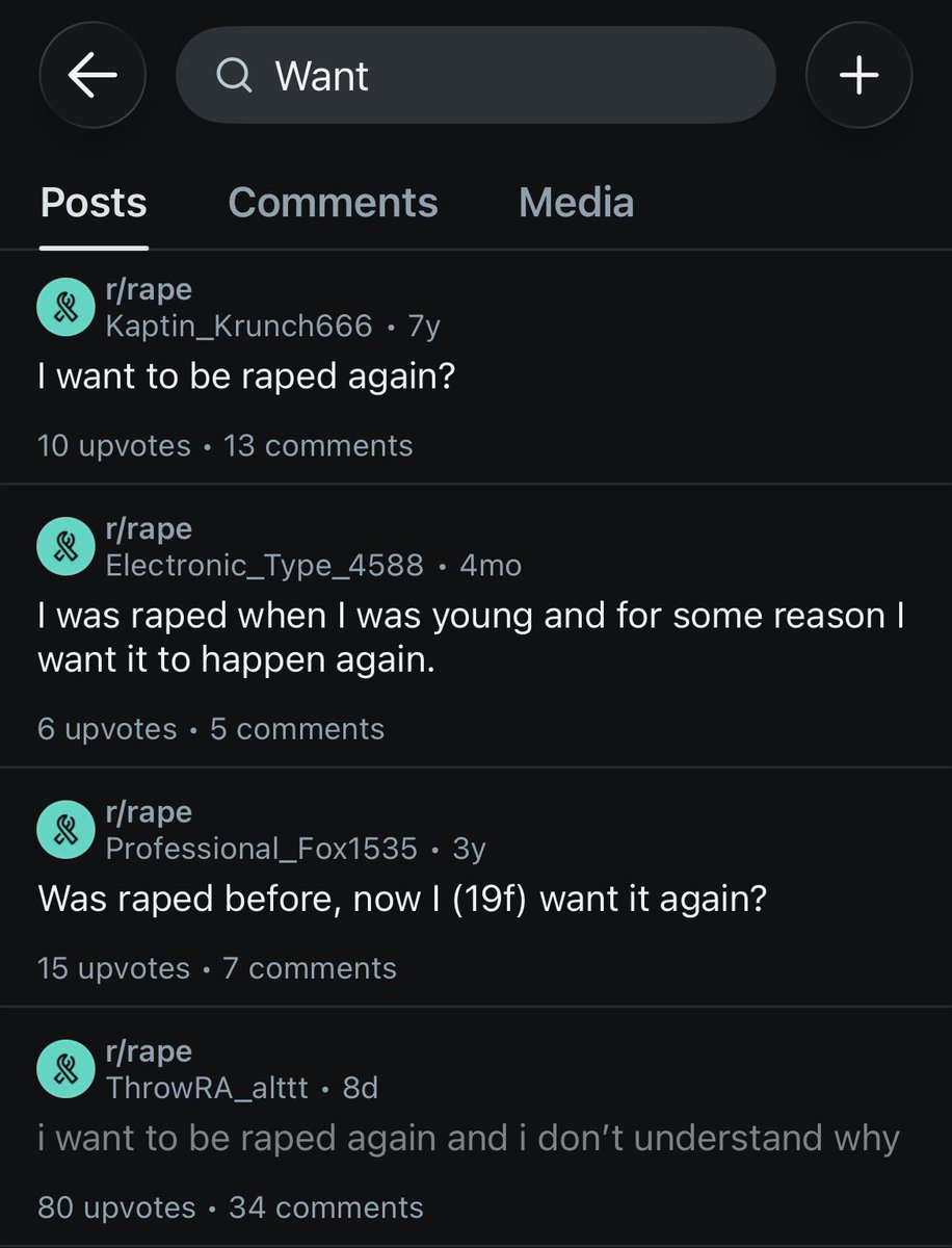 ImperiumFirst's tweet photo. Go on r/rape and search “want” and “my rapist”

This subreddit is an absolute goldmine lmao https://t.co/HAaoNi2onc