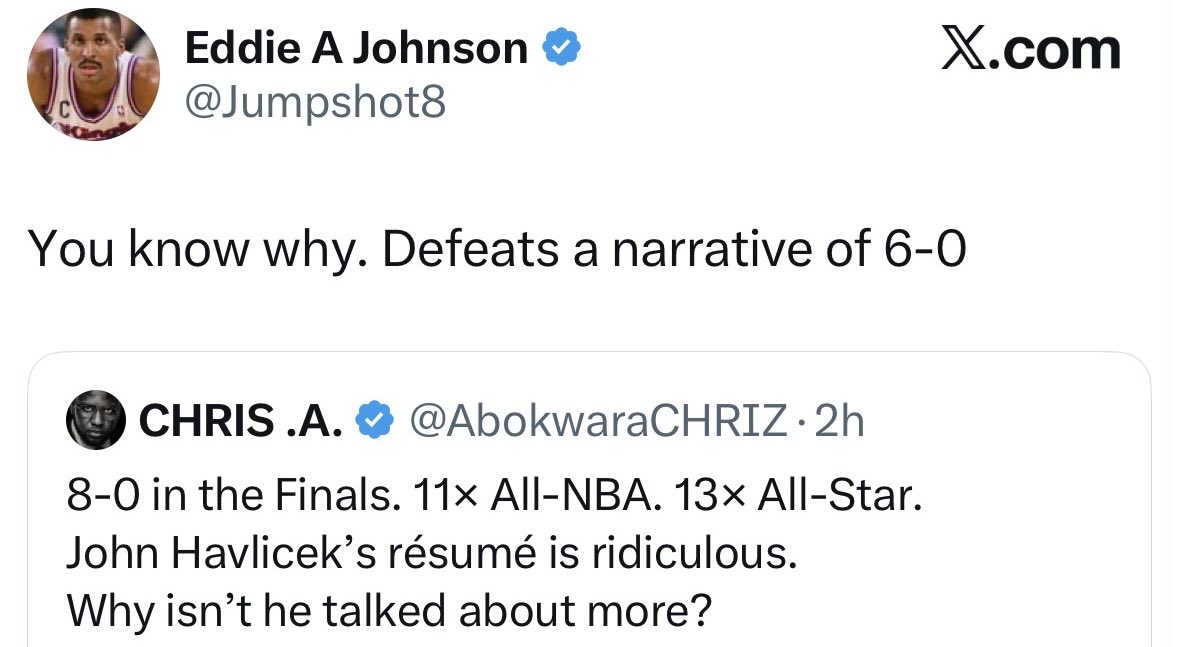 haiti4eva's tweet photo. How is a dude who was a smart ball player such an idiot in real life. Hondo was not the best player on every finals team he doesn’t have the Finals Mvps or MVPS etc it really shouldn’t be this hard to understand… https://t.co/QhGLJGWNvq