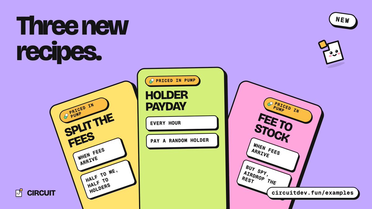 circuitdevfun's tweet photo. Three new ready-made rule sets for coins priced in PUMP:

Split the fees. Half to you, half to holders.
Holder payday. A random holder gets paid every hour.
Fee to stock. Fees buy a tokenized stock, the rest goes to holders.

https://t.co/JsowtfqYCE https://t.co/B2f5pGNxNA