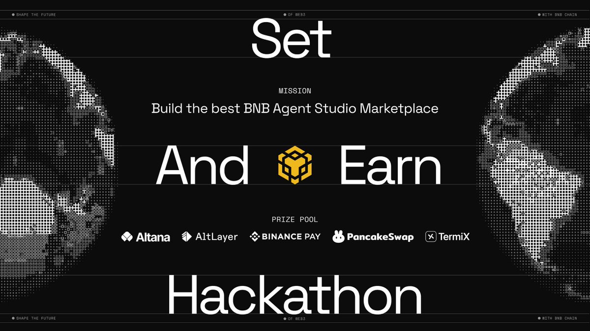 BNBCHAIN's tweet photo. Got an AI agent idea? Put it to work in Set and Earn.

Build and list a qualifying agent, then complete the hiring tasks across shortlisted marketplaces.

The first 100 qualifying wallets receive limited merch.

See how to participate 👇 
https://t.co/scuNri0pIH https://t.co/v5K4lfIBjj