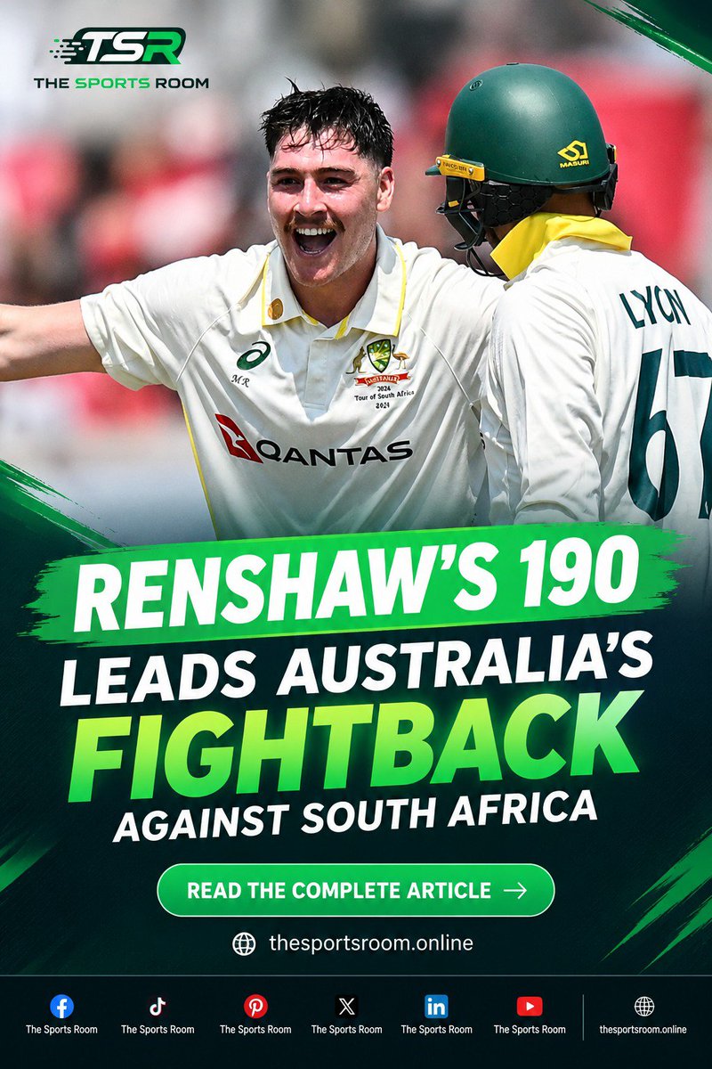 TSRVerse's tweet photo. https://t.co/Tsp3ruEiXV

Renshaw’s 190 Leads Australia’s Fightback Against South Africa

Read more:

https://t.co/Tsp3ruEiXV

#MattRenshaw #AustraliaCricket #SouthAfricaCricket #TestCricket #AUSvsSA #TheSportsRoom https://t.co/ER0codratp