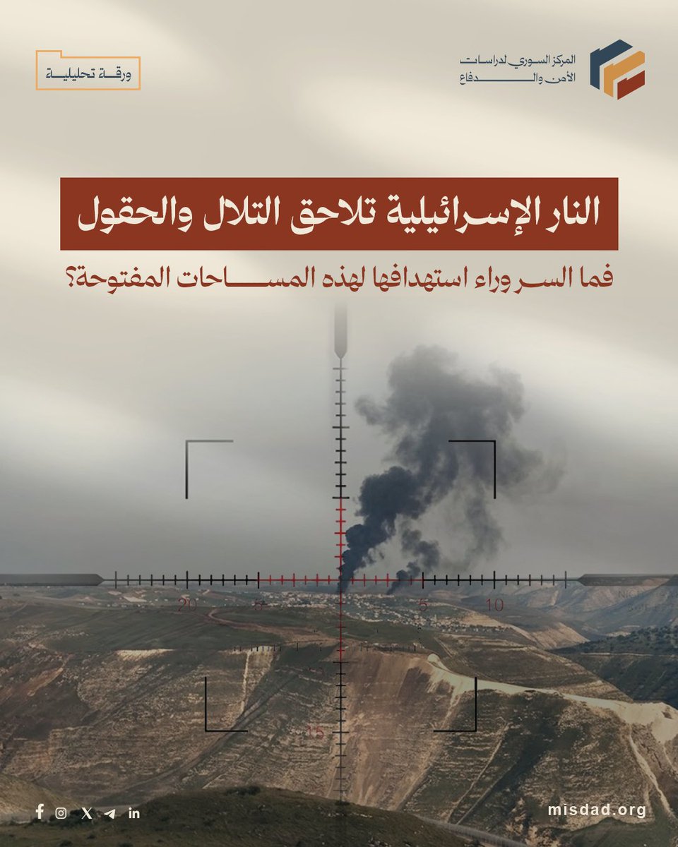 Misdadorg's tweet photo. السيطرة بالنار!

لماذا تقصف إسرائيل الحقول والتلال في جنوب سوريا، حتى عندما لا يؤدي القصف غالبا إلى خسائر بشرية أو مادية تذكر؟

دراسة تحليلية جديدة من "مسداد" تبحث في الوظائف العسكرية لهذا القصف، استنادا إلى بيانات رصد ميداني امتدت من تشرين الأول/أكتوبر 2025 إلى أيلول/سبتمبر 2026.
