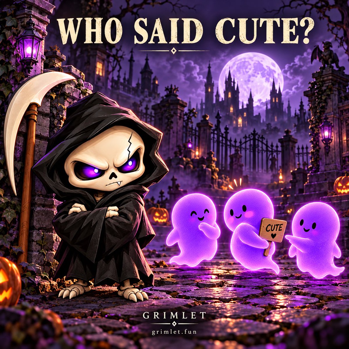 GrimletFun's tweet photo. 💀 SOMEONE CALLED HIM CUTE.
WE’RE STILL LOOKING FOR THEM.

Small reaper. One fang. A grudge that won’t fit through the gates.

Meet GRIMLET—and the souls making his afterlife difficult. 🪦💜

Not launched yet. Already causing problems.

🌐 https://t.co/xGSgEeYzzK
💬 https://t.co/xSg7x6aMy2