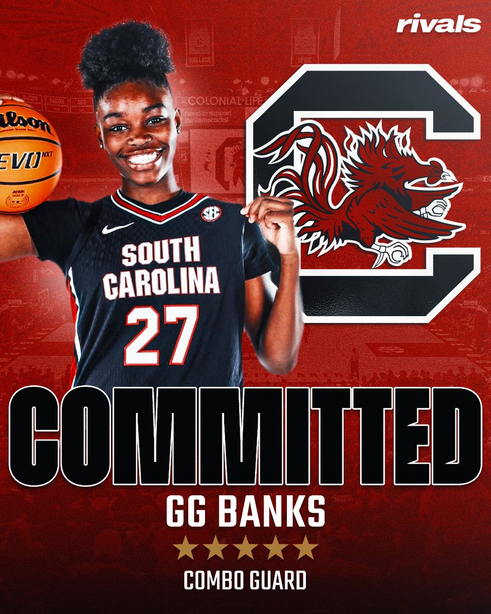 Rivals's tweet photo. 🚨BREAKING🚨 5-star CG GG Banks has committed to South Carolina, @TaliaGoodmanWBB reports🐓

Read: https://t.co/fRqG2zbFJ1 https://t.co/K1hRZcbamt