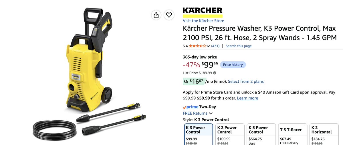 PriceErrors's tweet photo. $99 KÄRCHER PRESSURE WASHER

K3 POWER CONTROL SHOWING 47% OFF

365 DAY LOW PRICE!

https://t.co/wPfztKuAtS #Ad https://t.co/1AfqUD8zf1